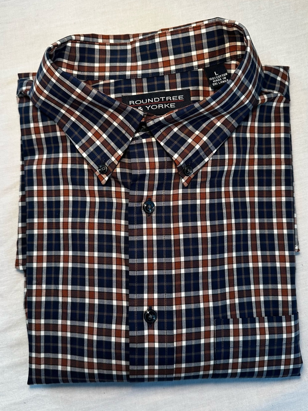 Roundtree & Yorke Navy and Brown Plaid Button-Down Shirt